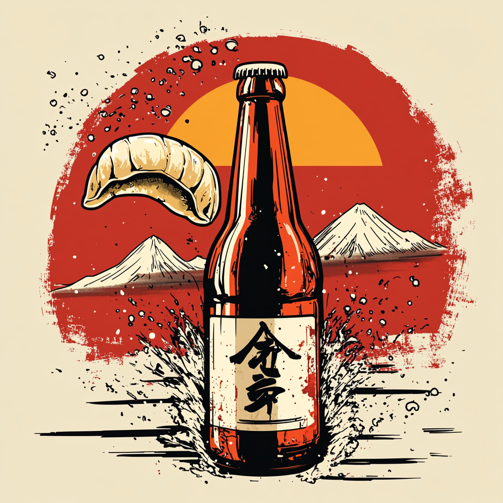 Japanese beer and dumpling fly with graffiti background.