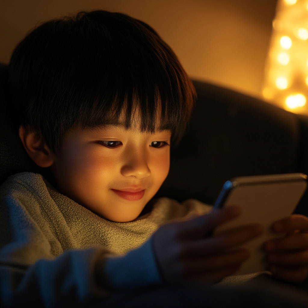 Japanese boy smiles while using phone on living room sofa.