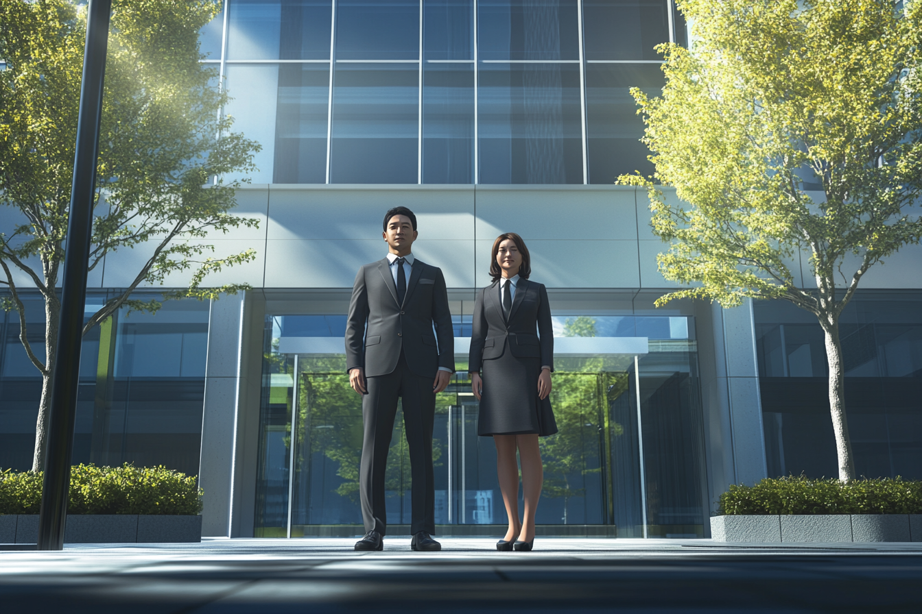 Japanese businessman and woman in front of office