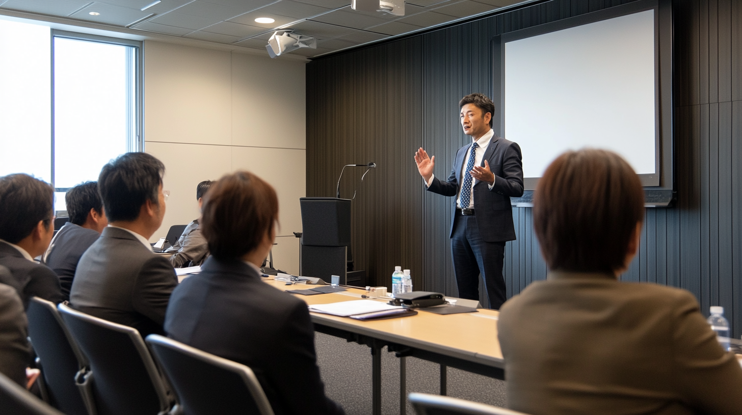 Japanese businessman leading seminar in modern conference room.