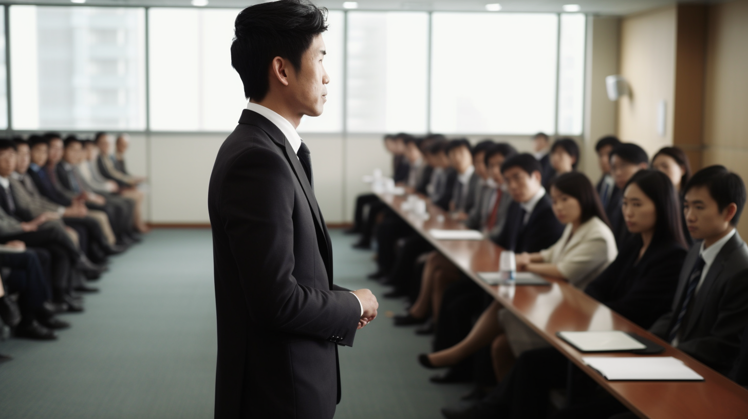 Japanese businessman seminar in modern conference room- Intently listening.