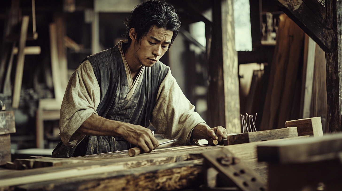 Japanese carpenter hammering nails in traditional workshop