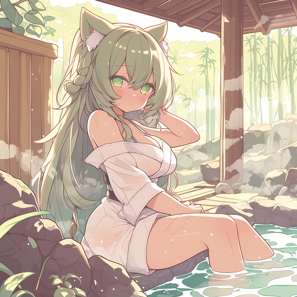 Japanese cat girl in hot spring in town spa.