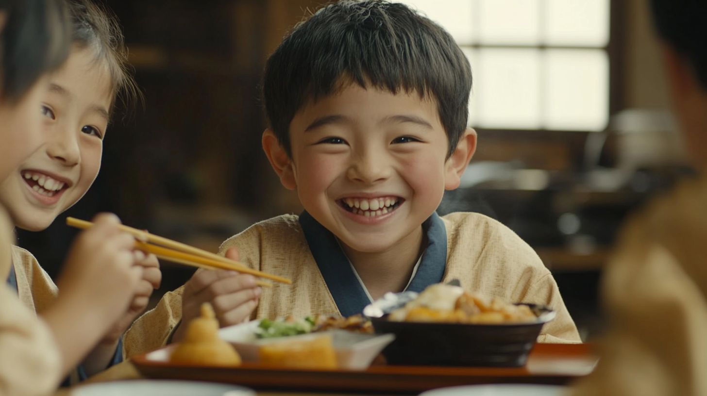 Japanese children from middle-class family enjoying meal