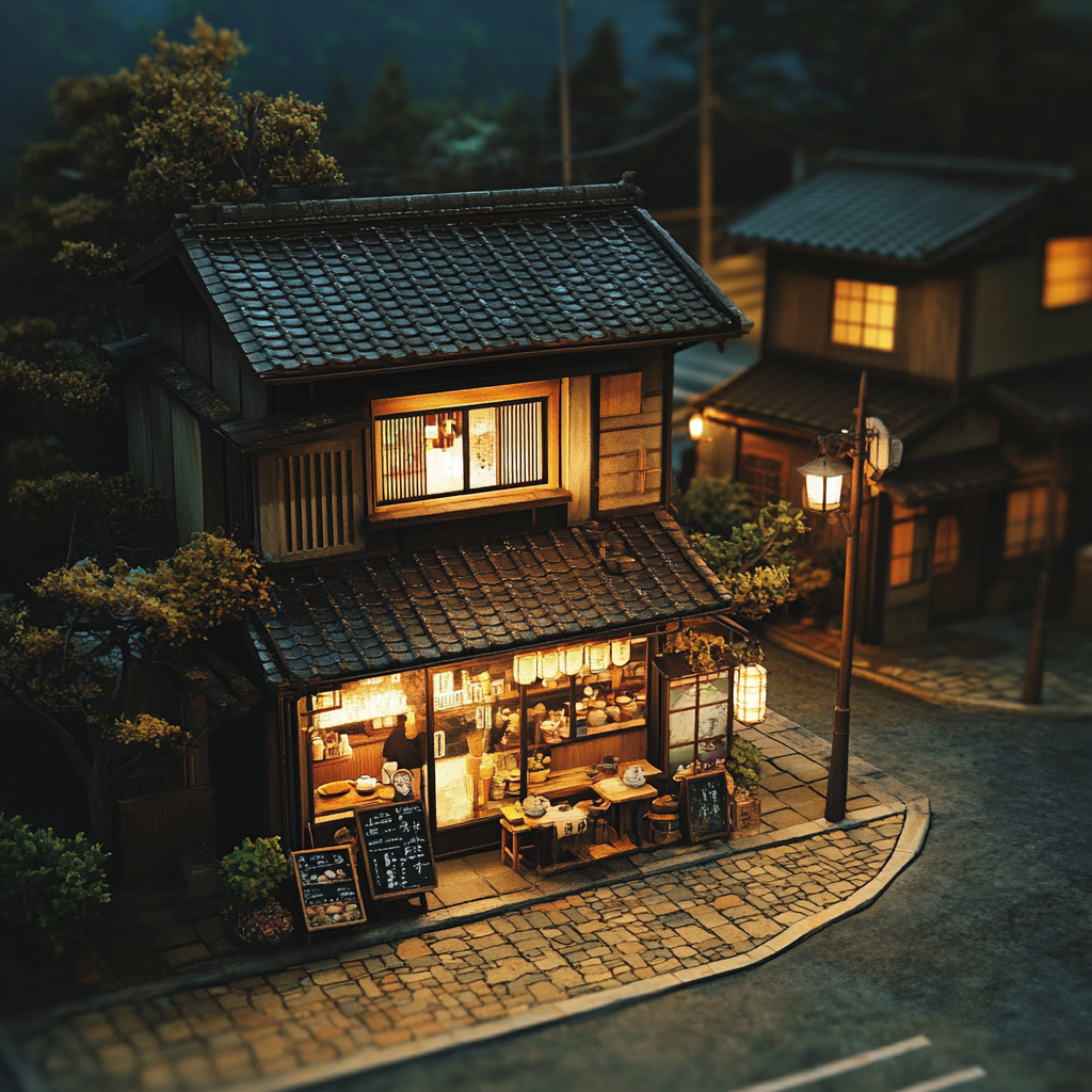 Japanese coffee shop in street with realistic details.