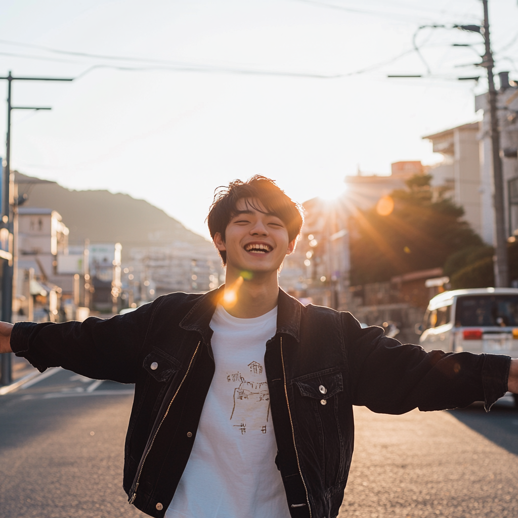 Japanese college student poses confidently in Nagasaki. Sun highlights his expression, city life behind him.