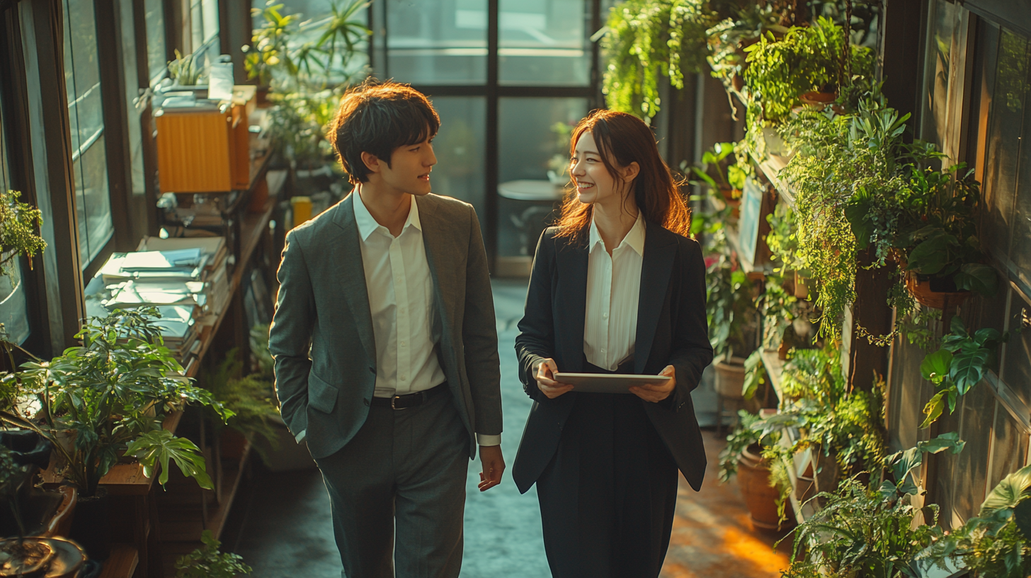 Japanese college students in suits walking in office with laptop.