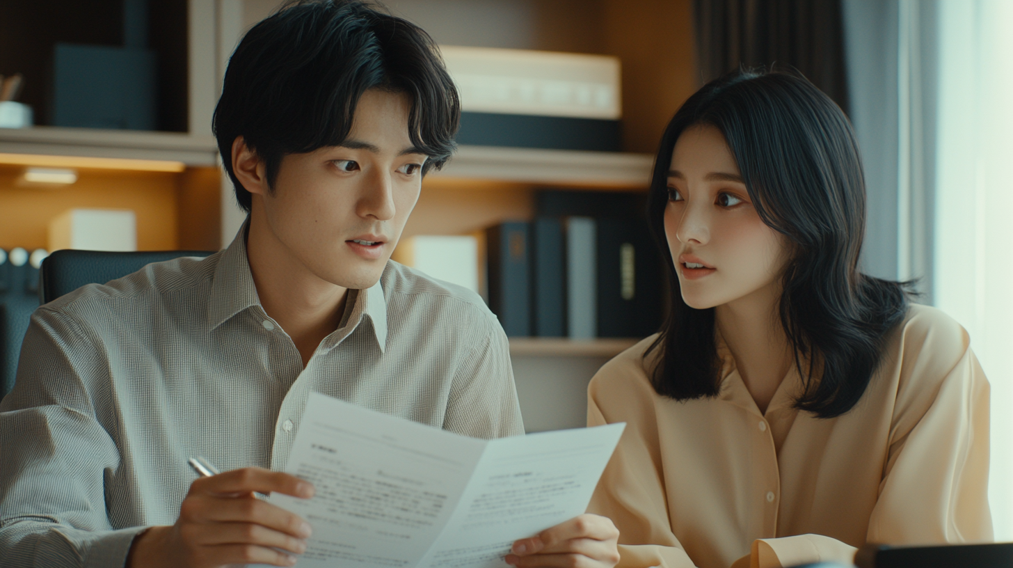 Japanese couple sitting in office with documents