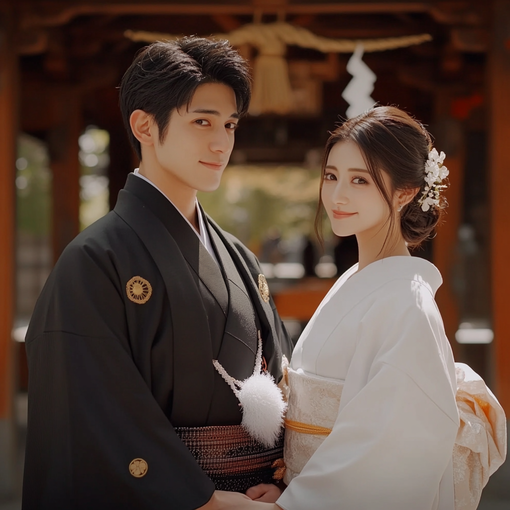 Japanese couple in ceremonial attire at shrine, smiling.