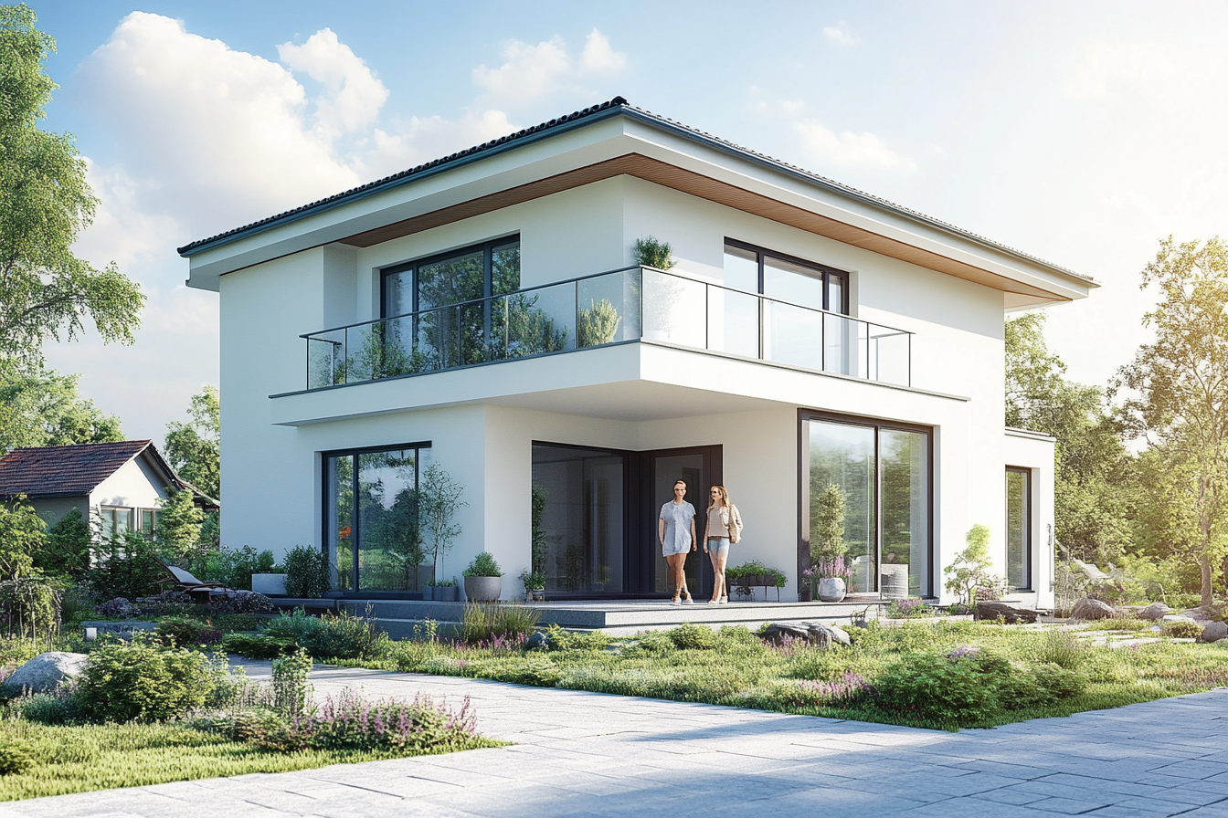 Japanese couple in front of new home, sunny day