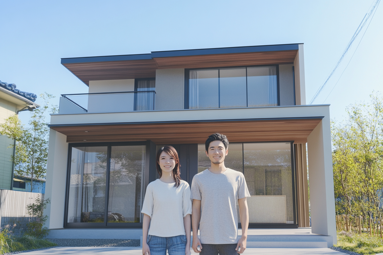 Japanese couple in front of new house