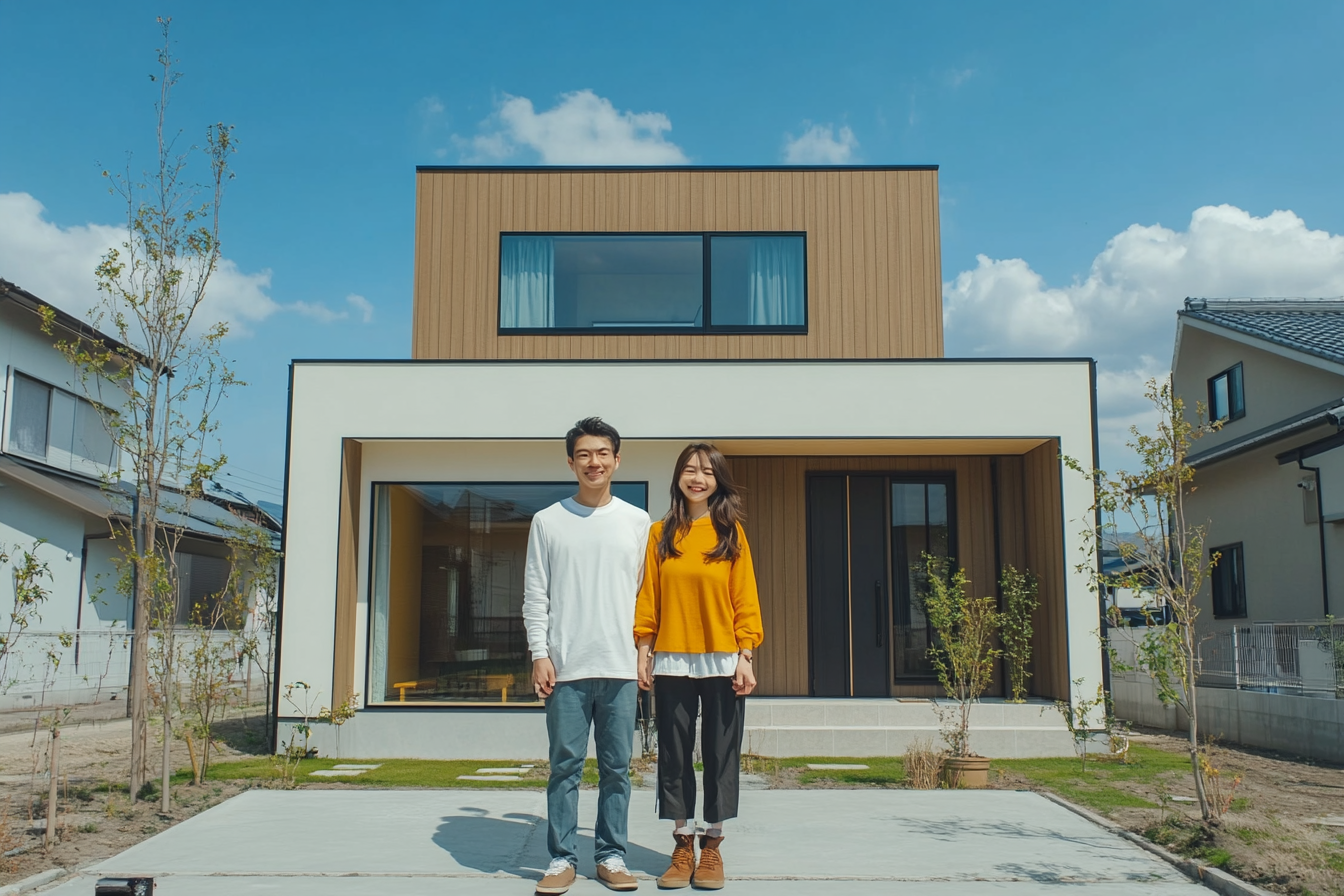 Japanese couple smiling in front of their modern home