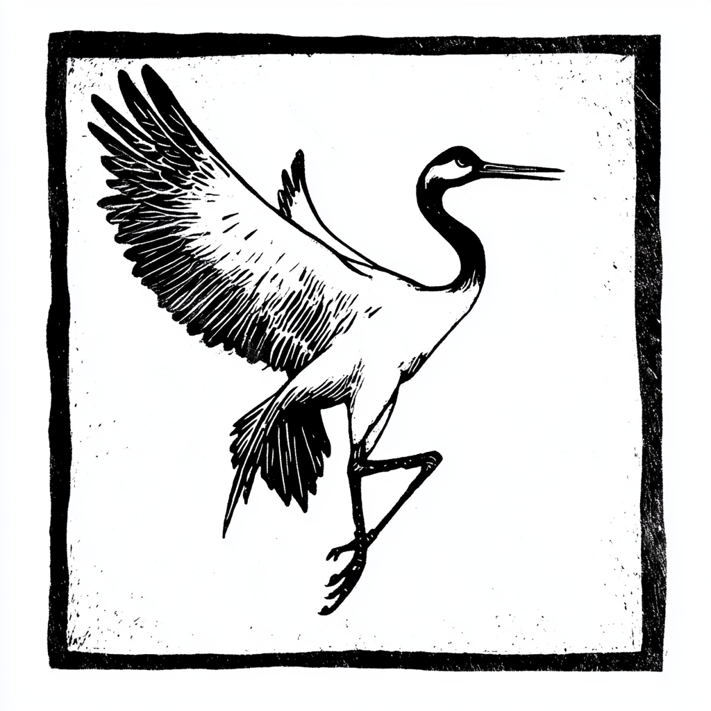 Japanese crane bird woodcut print in Chinese folk art.