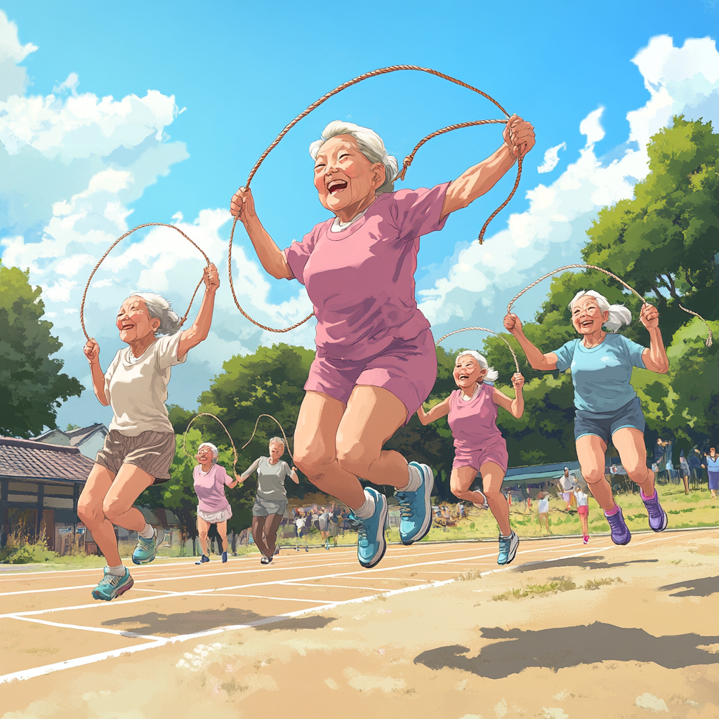 Japanese elderly women skipping rope at outdoor sports day