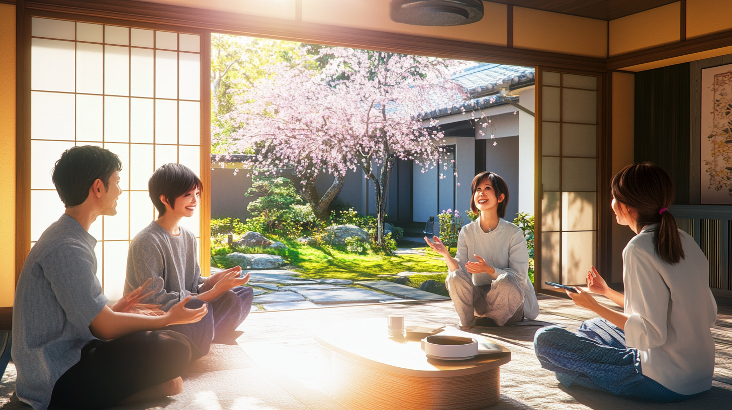 Japanese family bonding in tranquil, futuristic home garden.