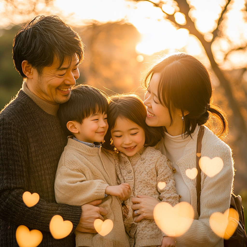 Japanese family portrait with hearts and heavenly light.