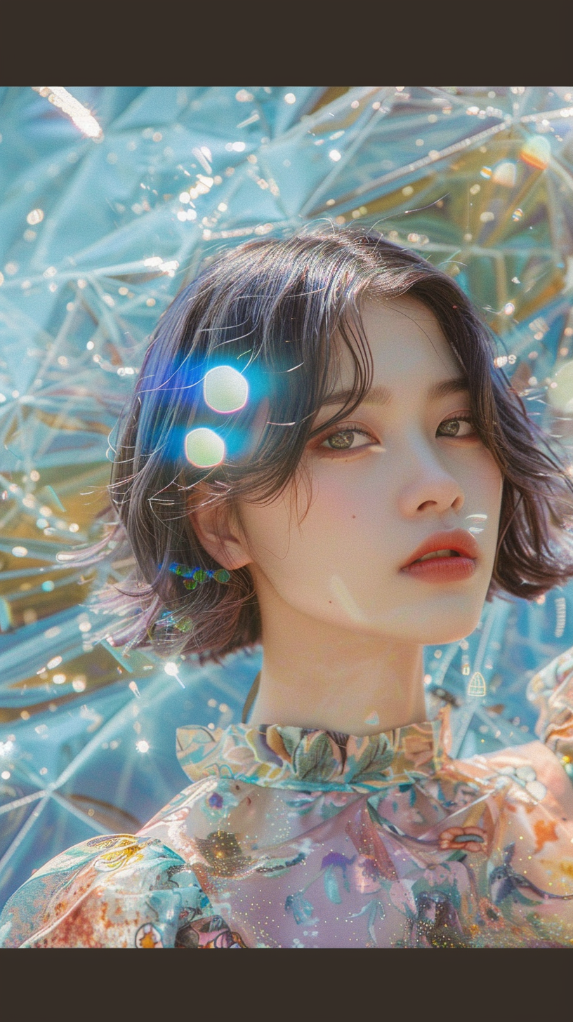 Japanese fashion model in cosmos-inspired luxury brand clothes.