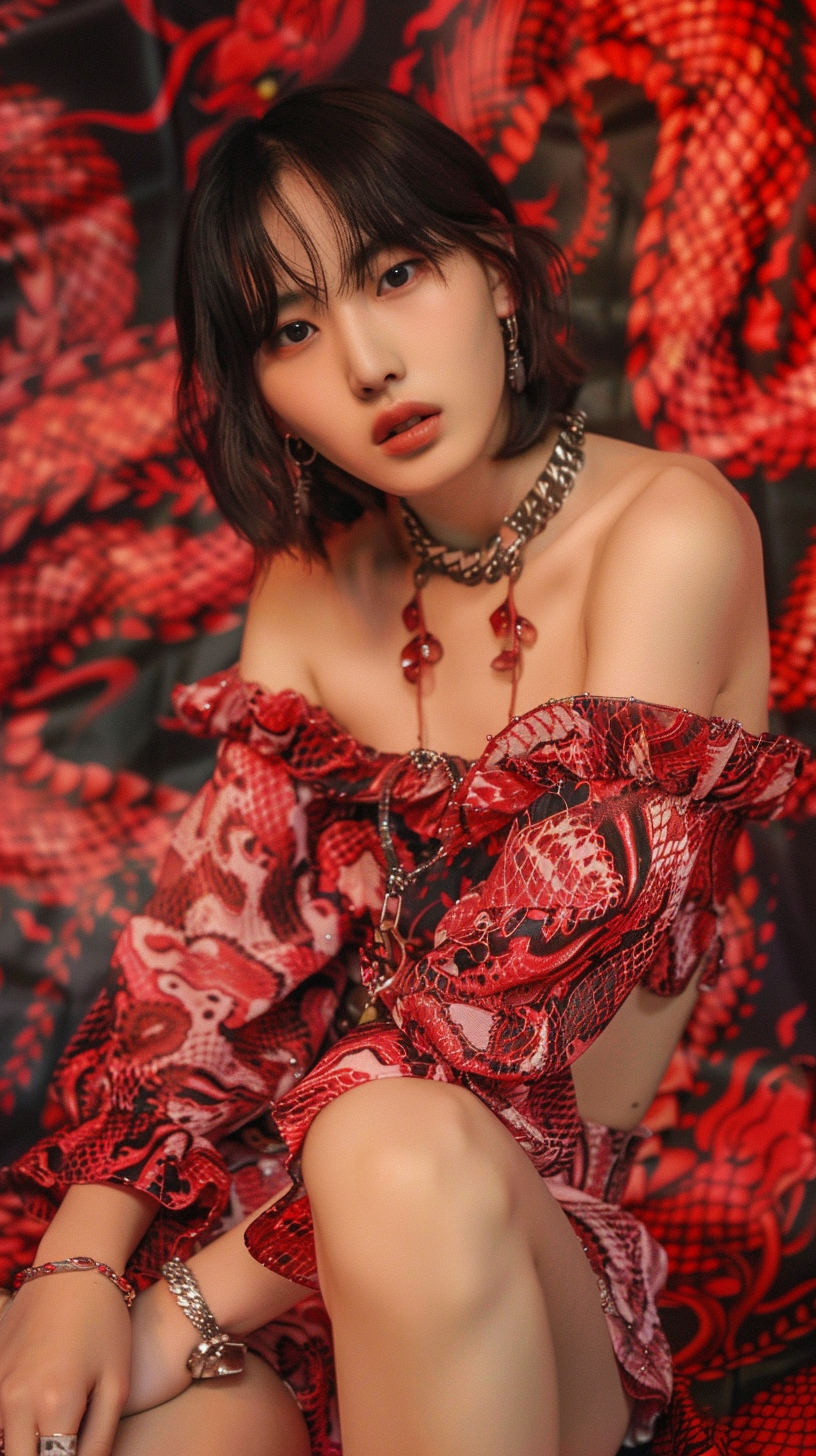 Japanese fashion model in luxury brand clothes with snake.