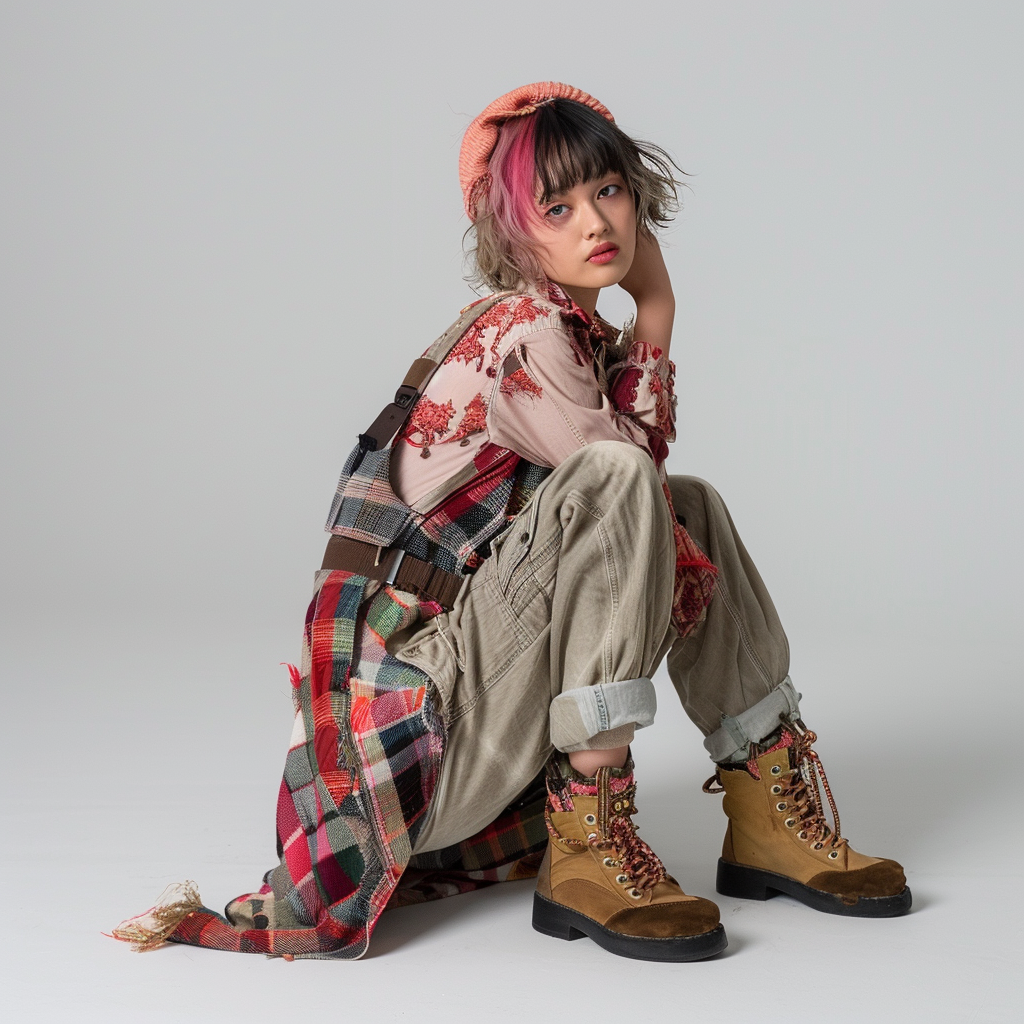 Japanese fashion model in luxury brand clothing, high fashion pose.