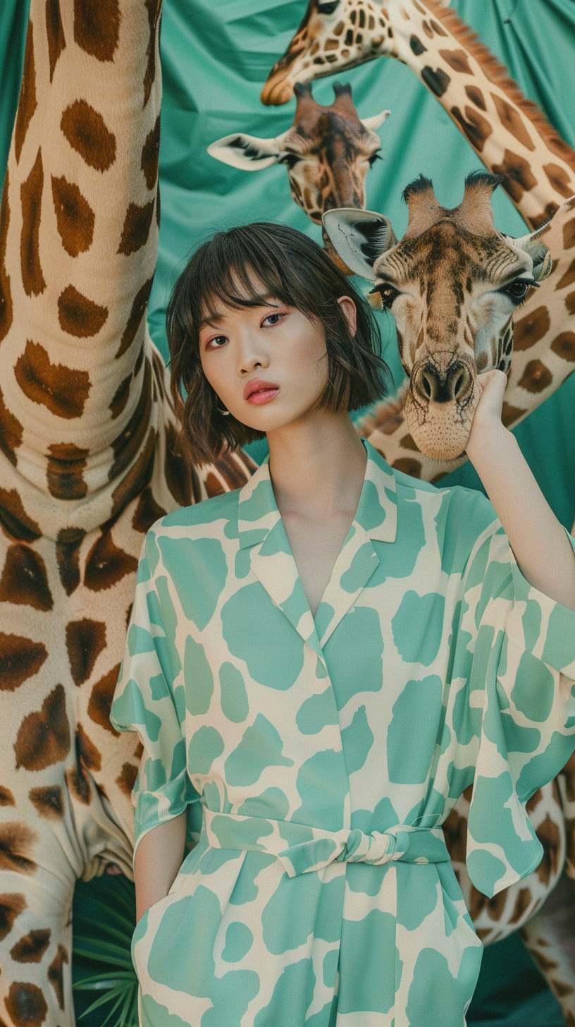 Japanese fashion model in mint green giraffe outfit.