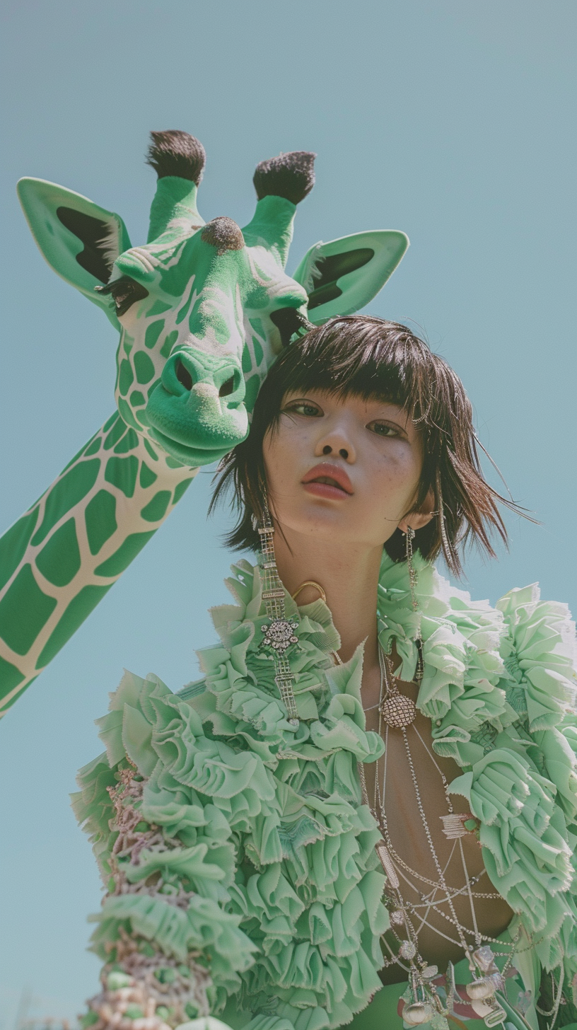 Japanese fashion model in mint green giraffe print outfit.