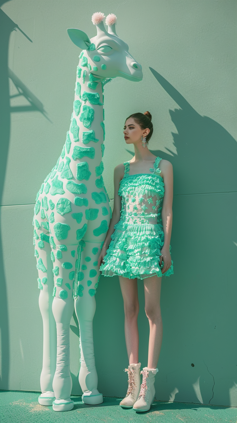 Japanese fashion model in mint green outfit with giraffe.