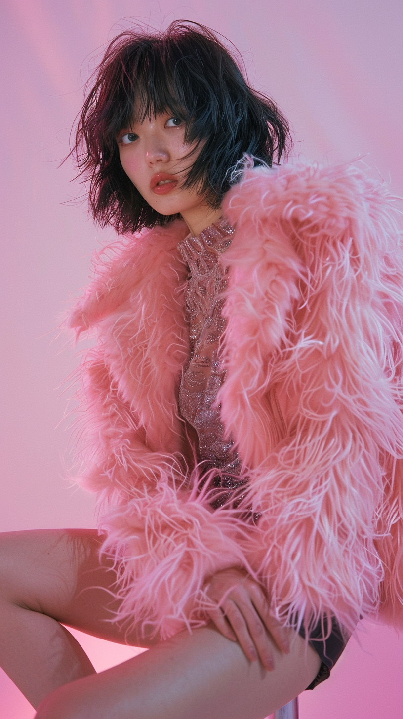 Japanese fashion model in pink fur outfit, high fashion pose.