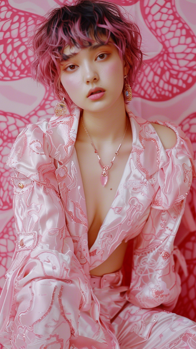 Japanese fashion model in pink snake outfit, EOS R6.