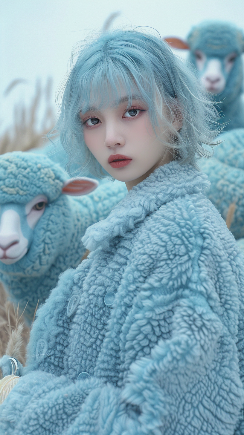 Japanese fashion model in sheep-inspired outfit, savannah background. Canon.