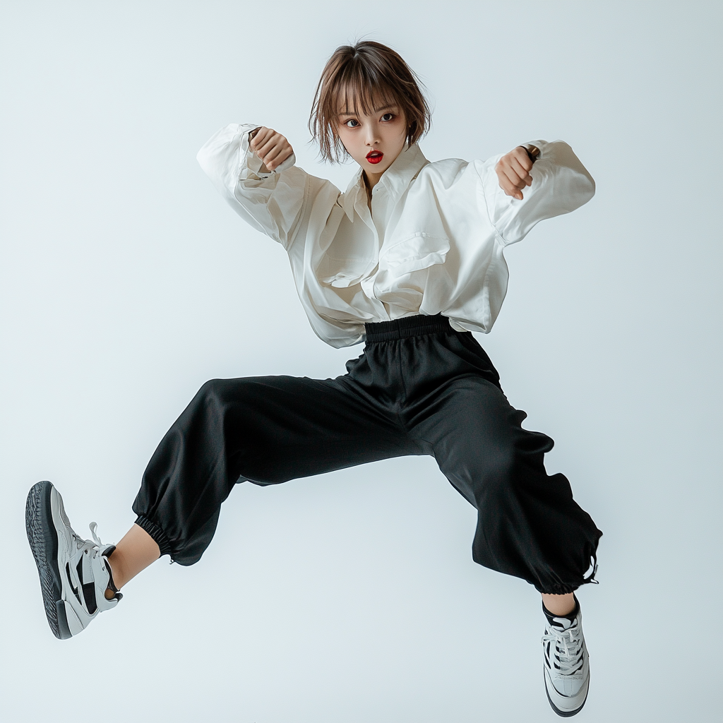 Japanese fashion model in stylish clothing doing high kicks.