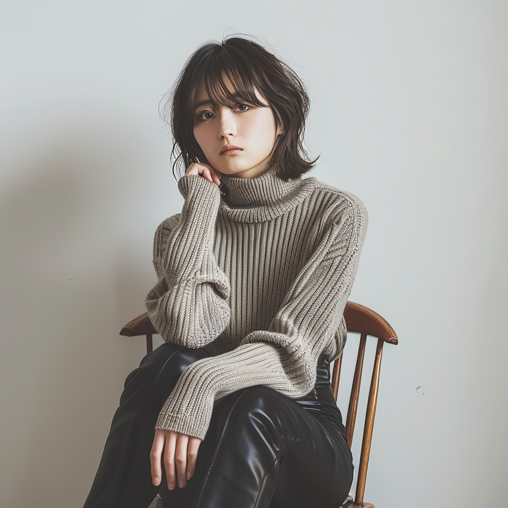 Japanese fashion model showcasing luxury brand clothing in studio.