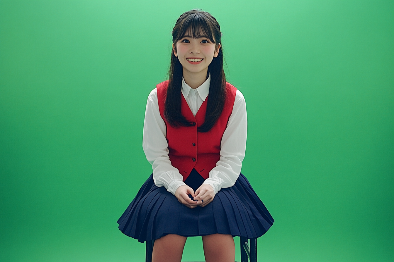 Japanese female, early twenties, smiling, red vest outfit, sitting