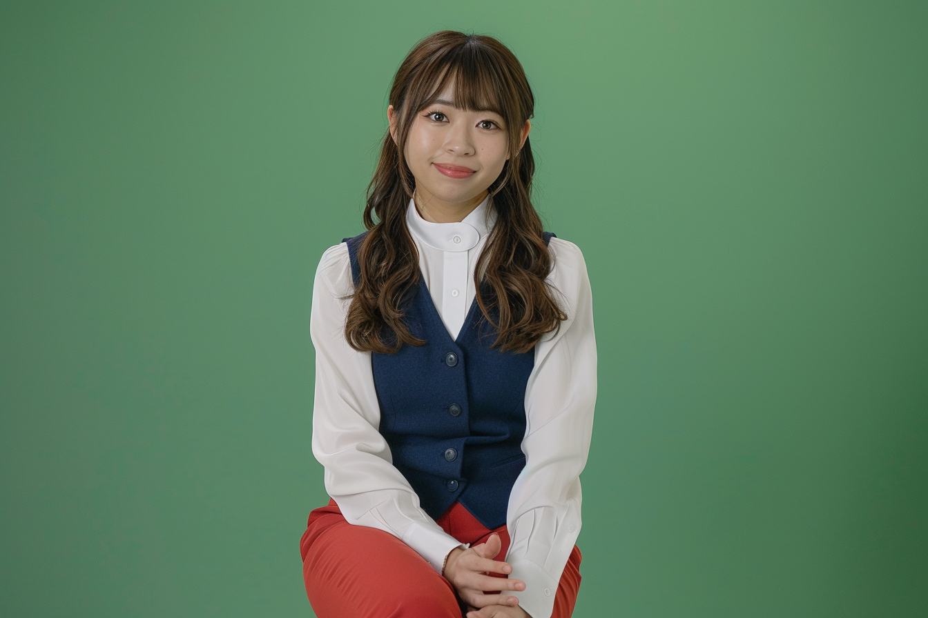 Japanese female in twenties with white blouse, navy vest, red trousers, smiling, sitting on iron stool.