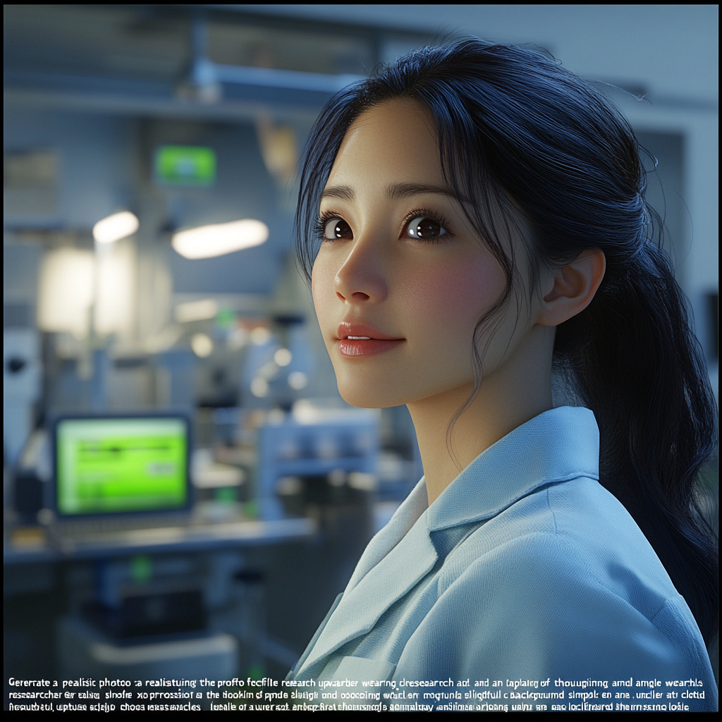 Japanese female researcher in lab, focused expression portrait.