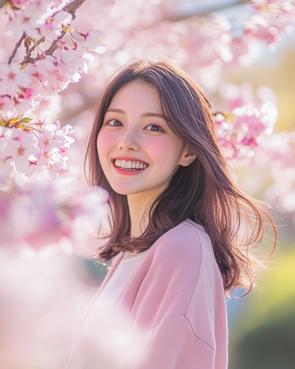 Japanese female student in Nagasaki Peace Park, cherry blossoms.