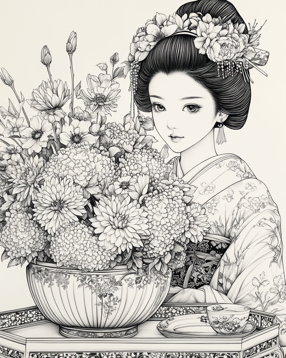 Japanese flower arrangement on tray with Geisha Doll