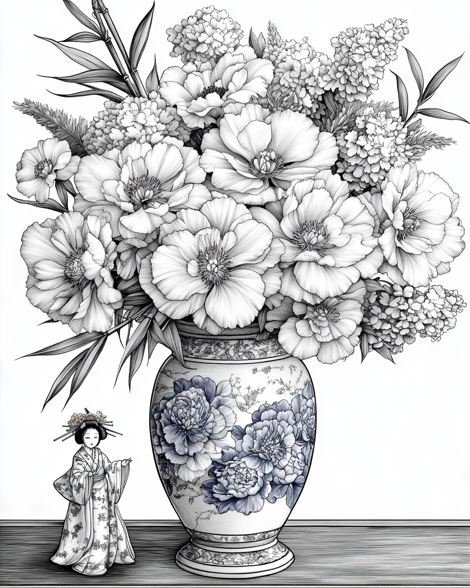 Japanese flowers and geisha doll in vase Coloring Page