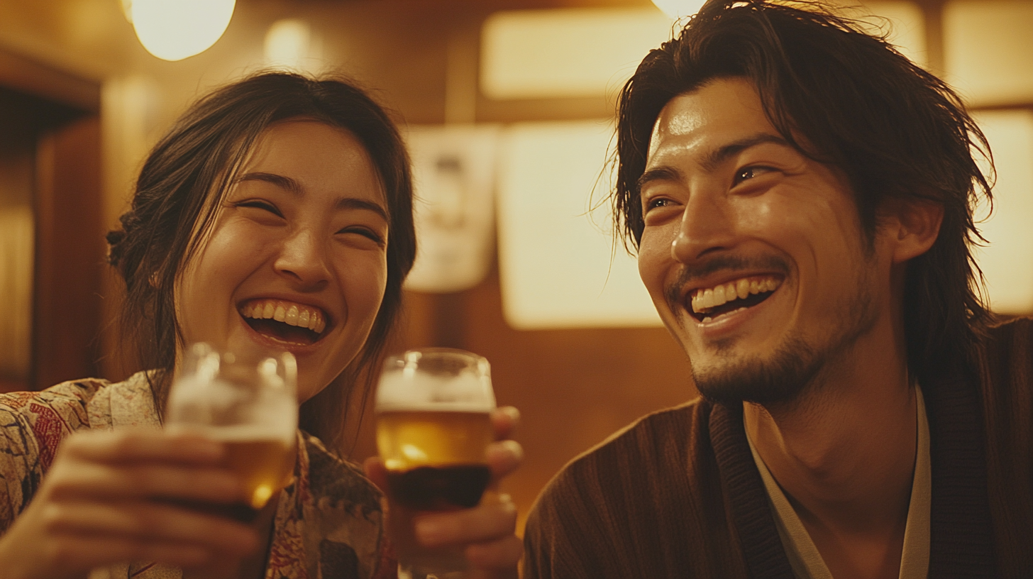 Japanese friends celebrating in cozy tavern delighted.