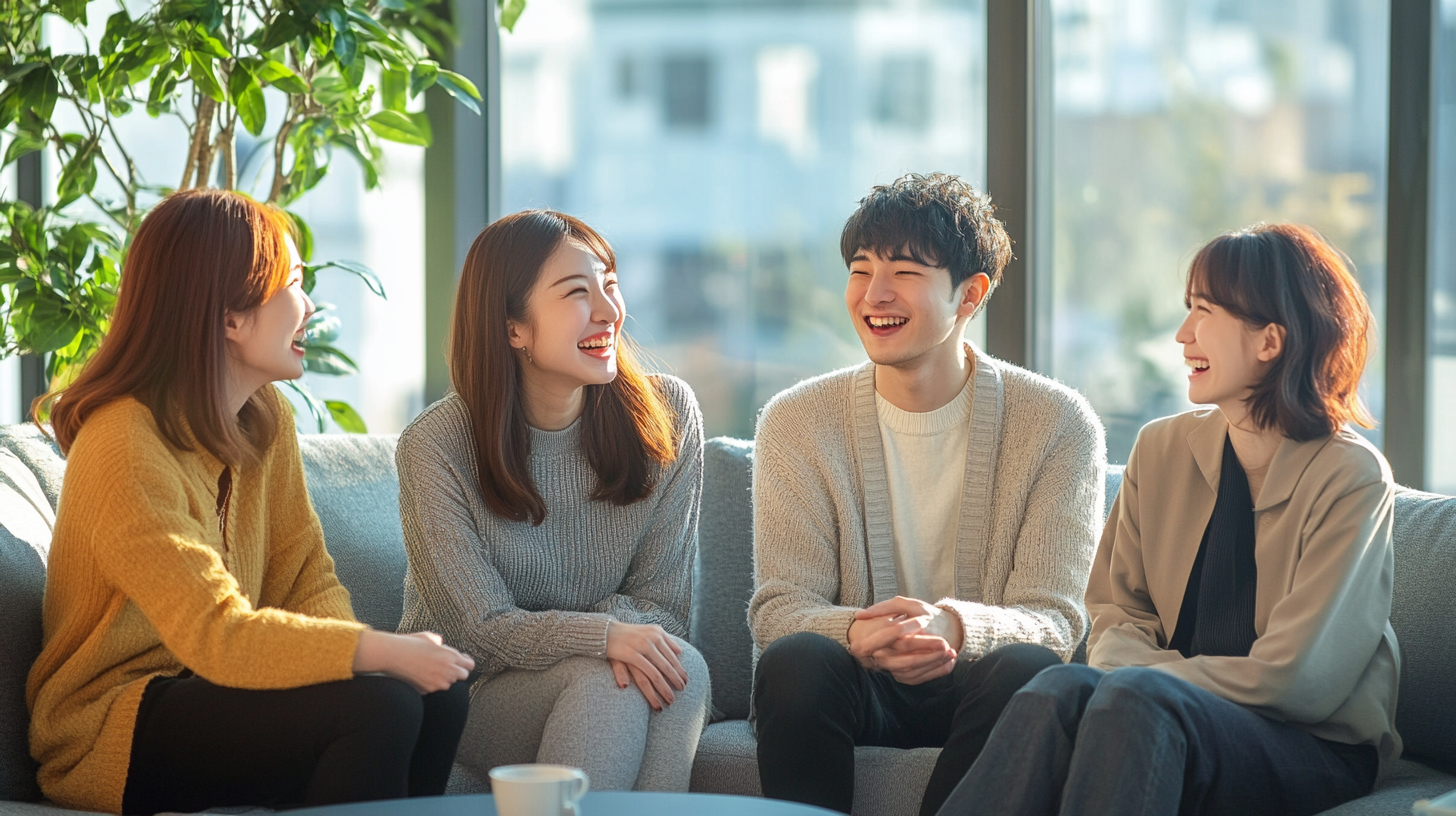 Japanese friends laughing on sofa in bright room.