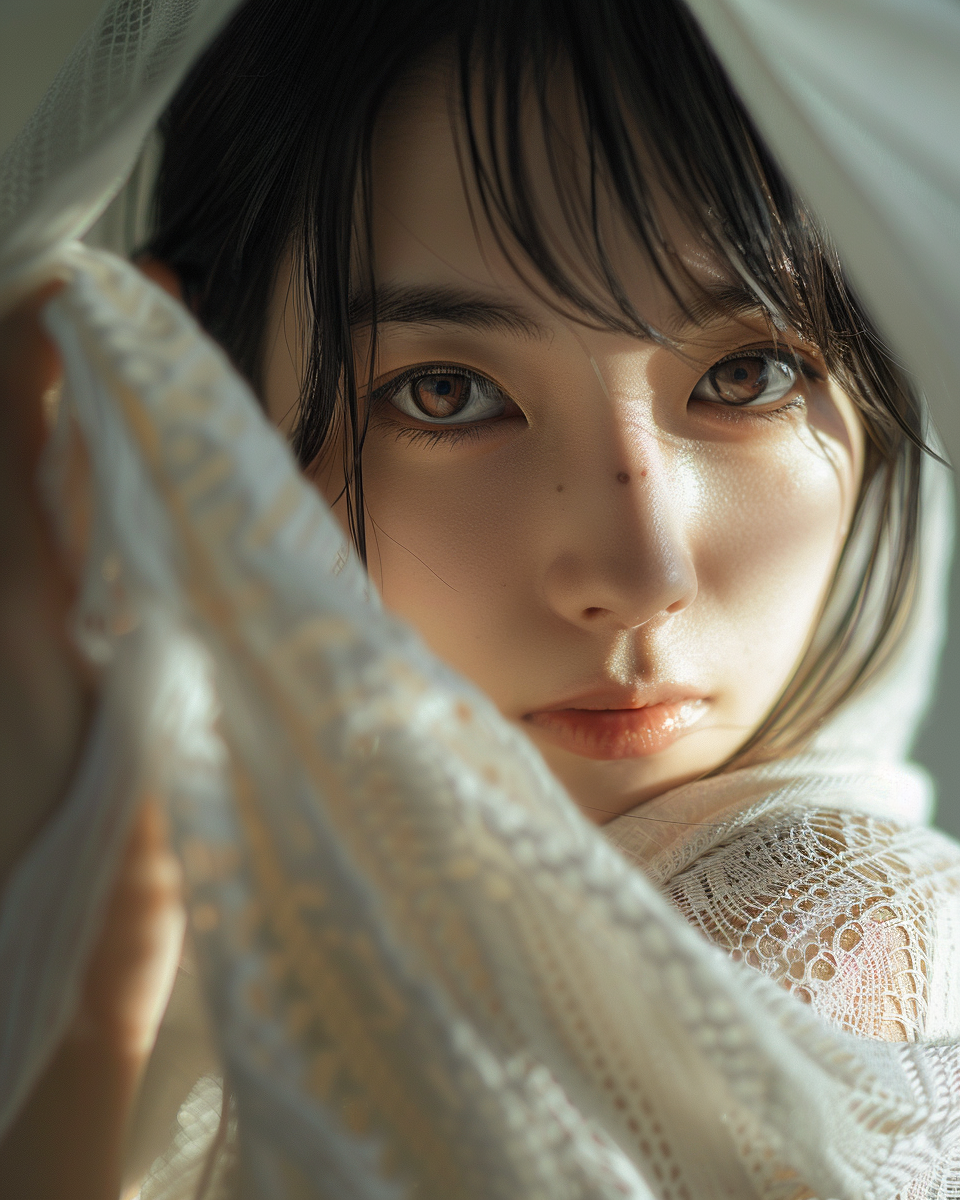 Japanese girl in white cardigan, close-up image.