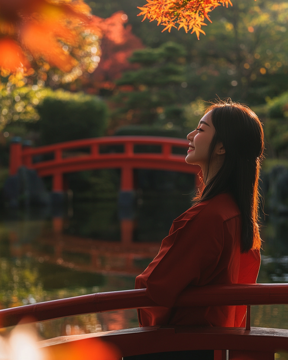 Japanese girl smiling in autumn garden with red bridge.