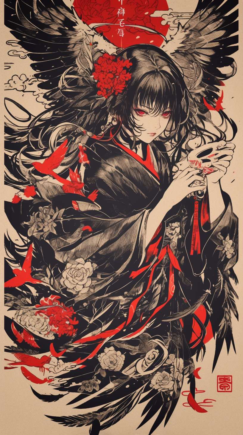 Japanese girl with bird fusion surrounded by flowers and talismans