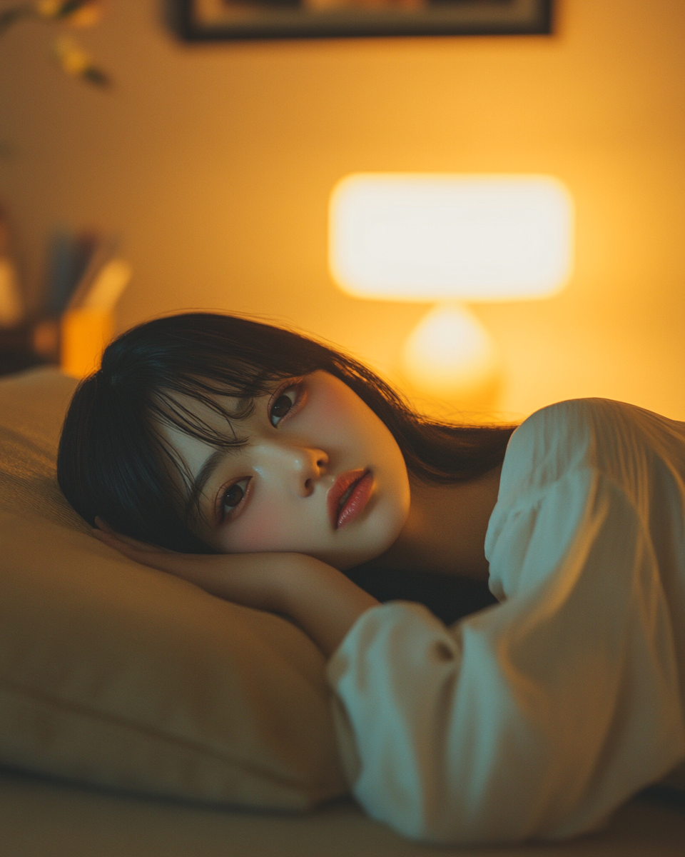 Japanese girl with clavicular-length hair lounging on beige sofa.