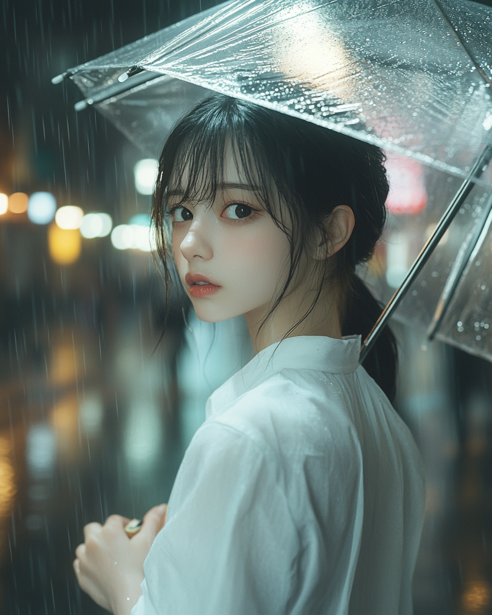 Japanese girl with delicate features holding an umbrella in rain.