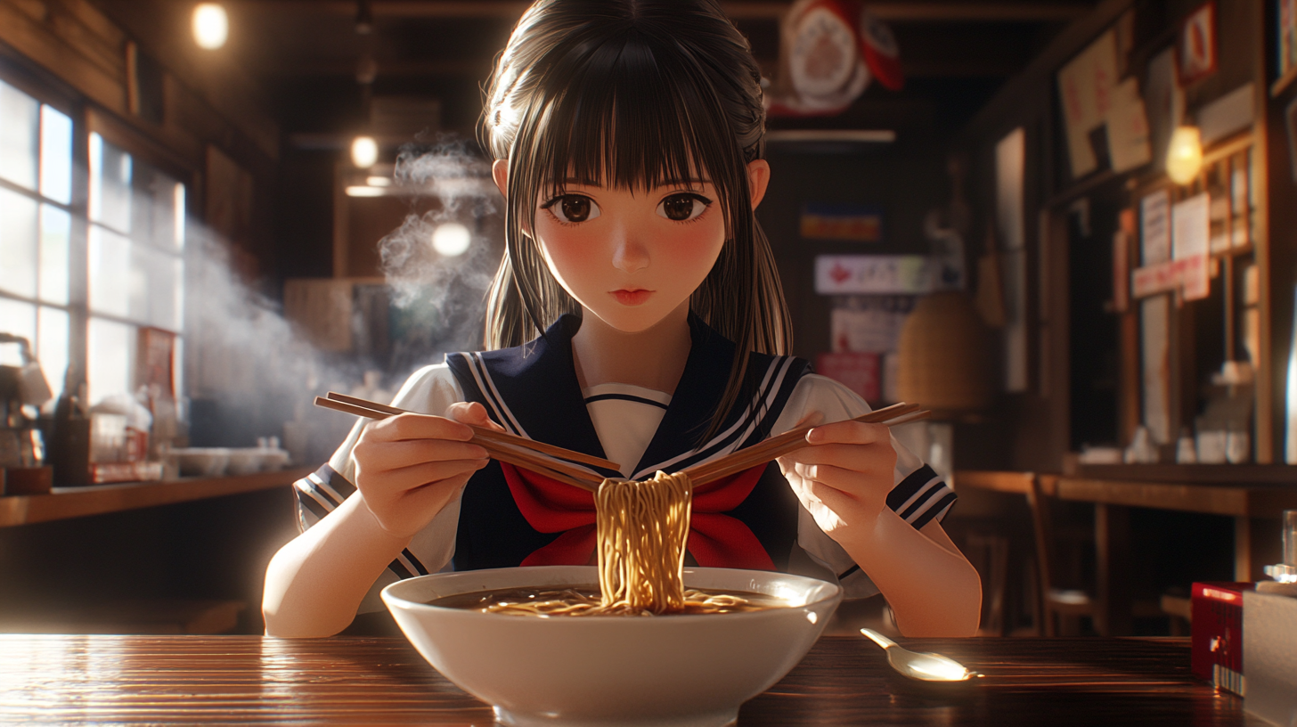 Japanese high school girl eating ramen in cozy shop.