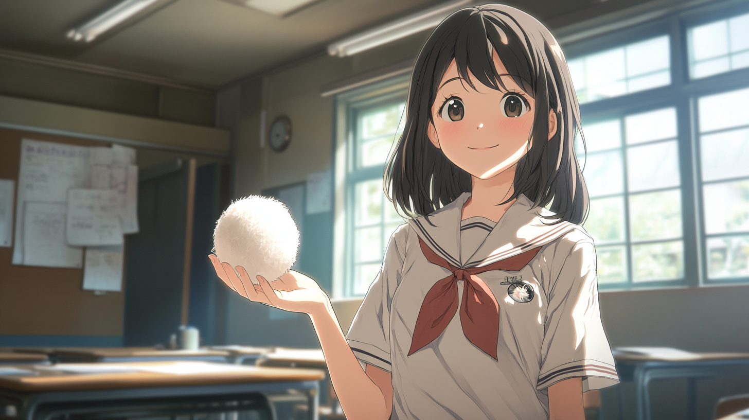 Japanese high school girl holding fluffy ball in classroom