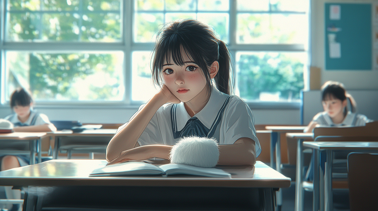 Japanese high school girl studying with band; realistic classroom setting.