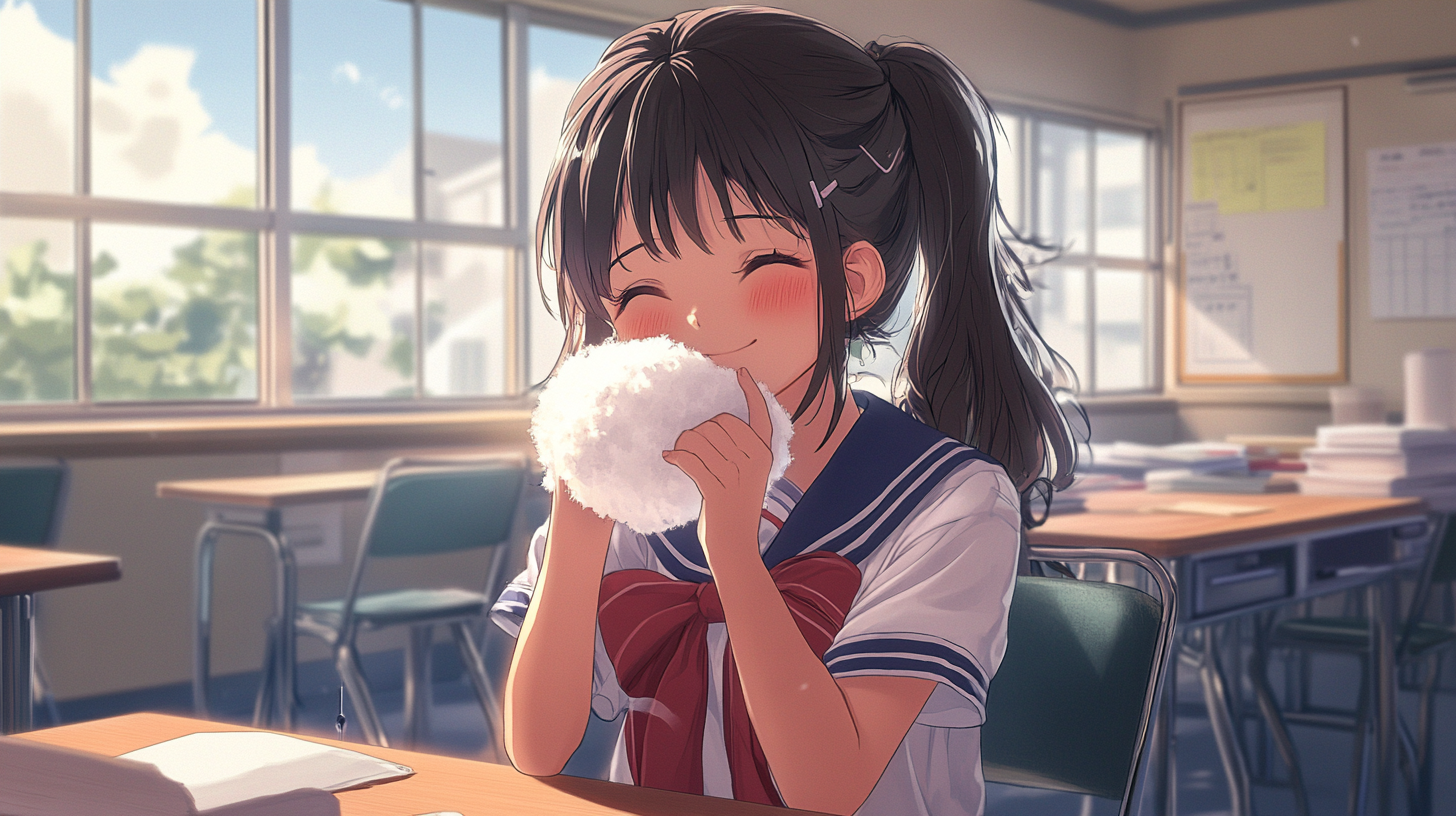 Japanese high school girl with fluffy band on hand