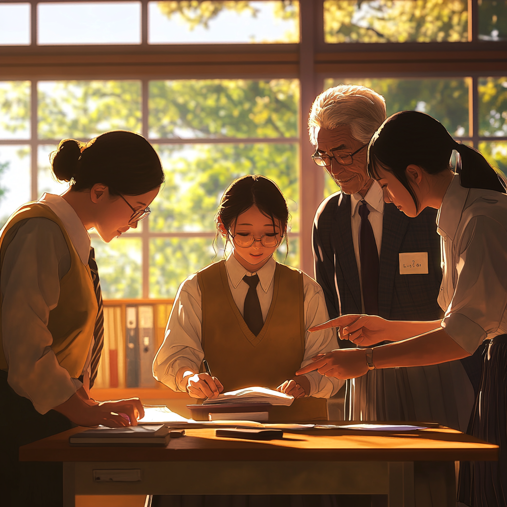 Japanese high school student receives guidance from teachers.