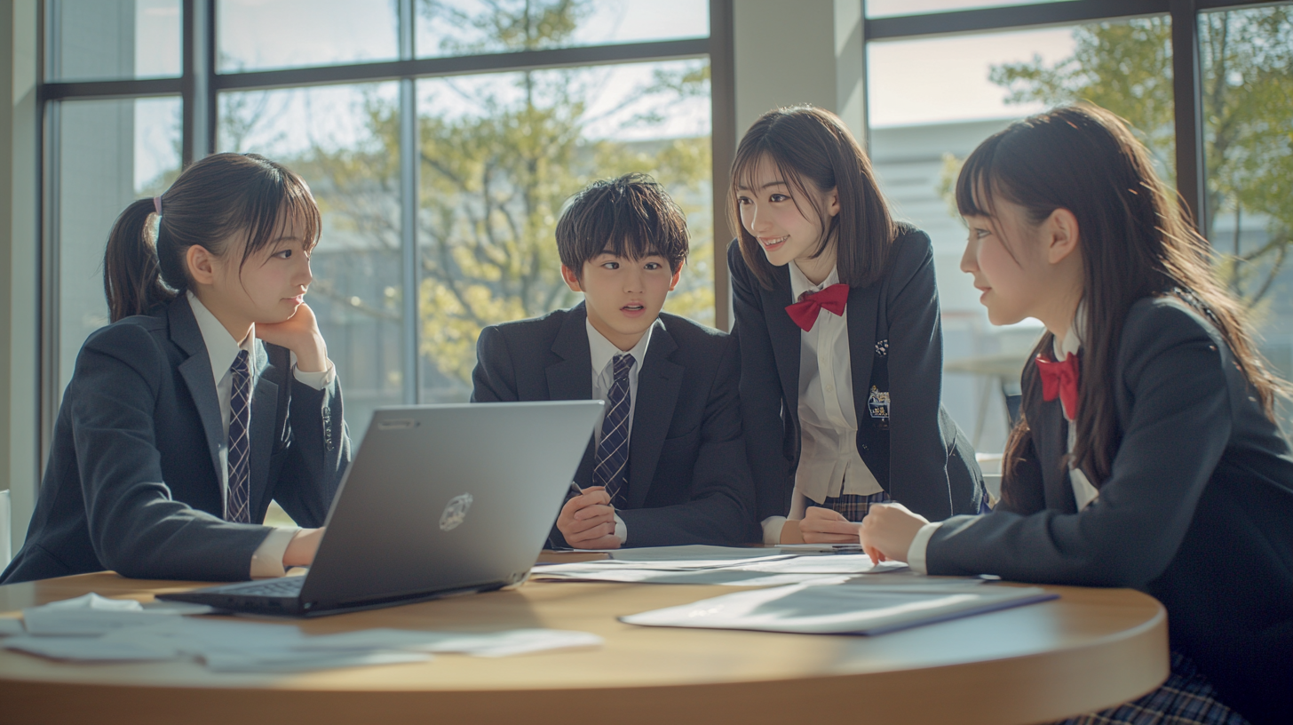 Japanese high school students in uniforms discuss project, teamwork.